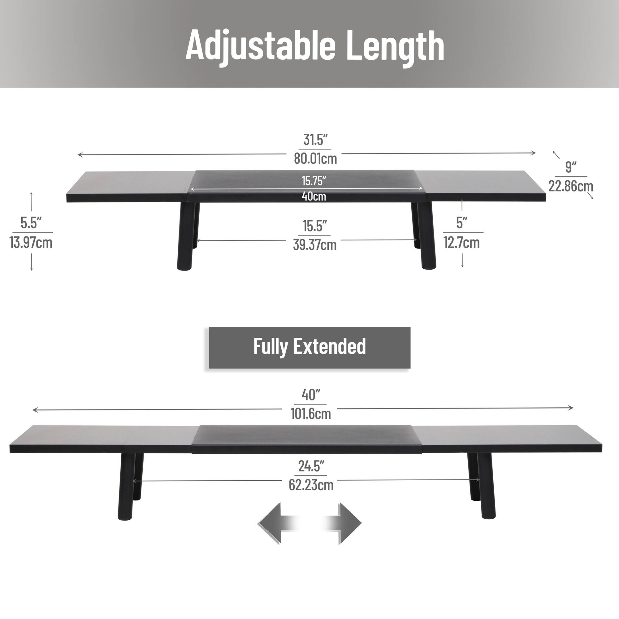 Mind Reader Extendable Monitor Stand, Adjustable Desktop Riser for Dual Monitors, Printers, Laptops, TV, 31.5–40 Inch Width, 88 lb Capacity, Metal and MDF Wood, Black